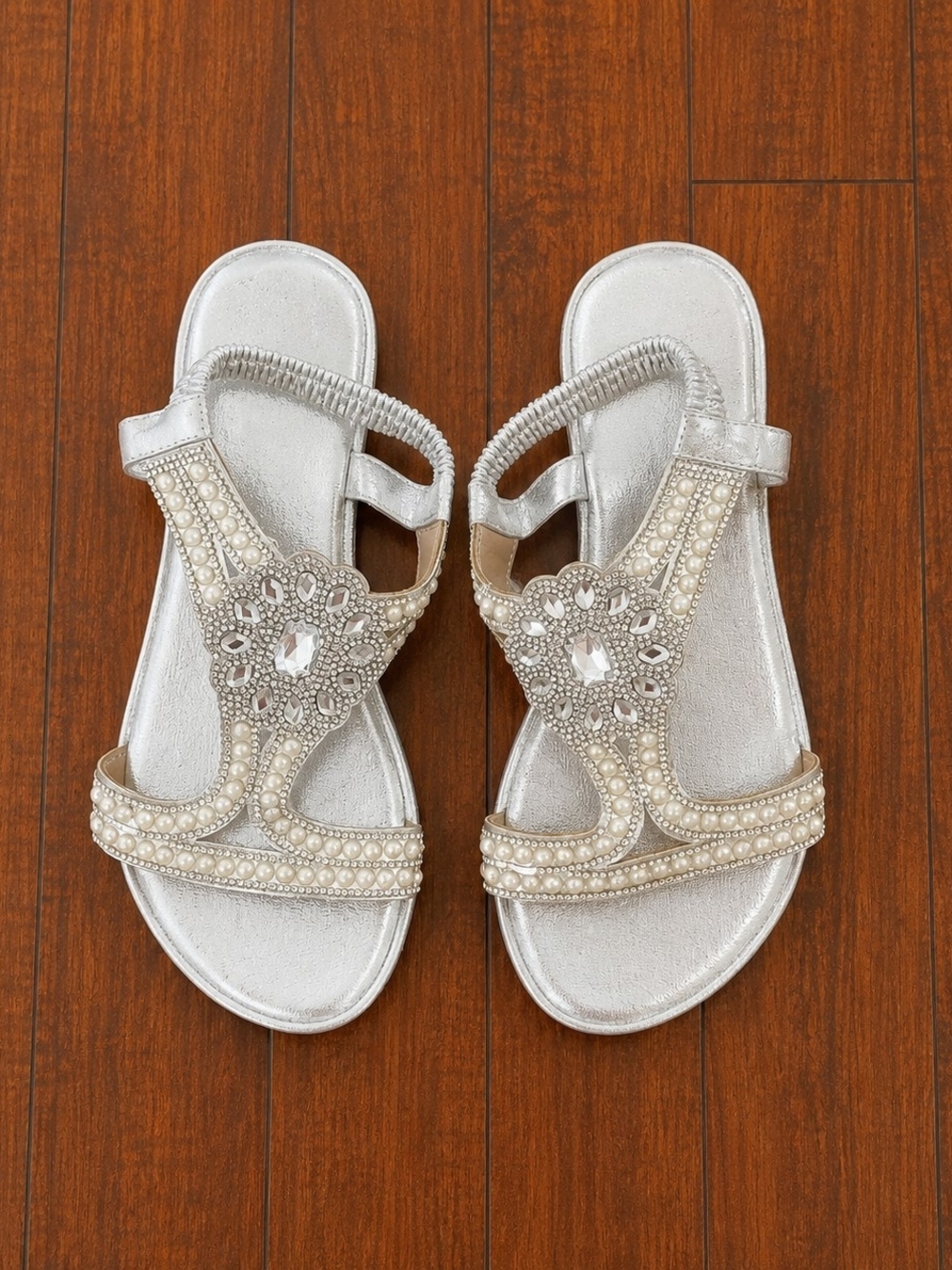 Amazon Silver Jeweled Pearl Slide Sandals